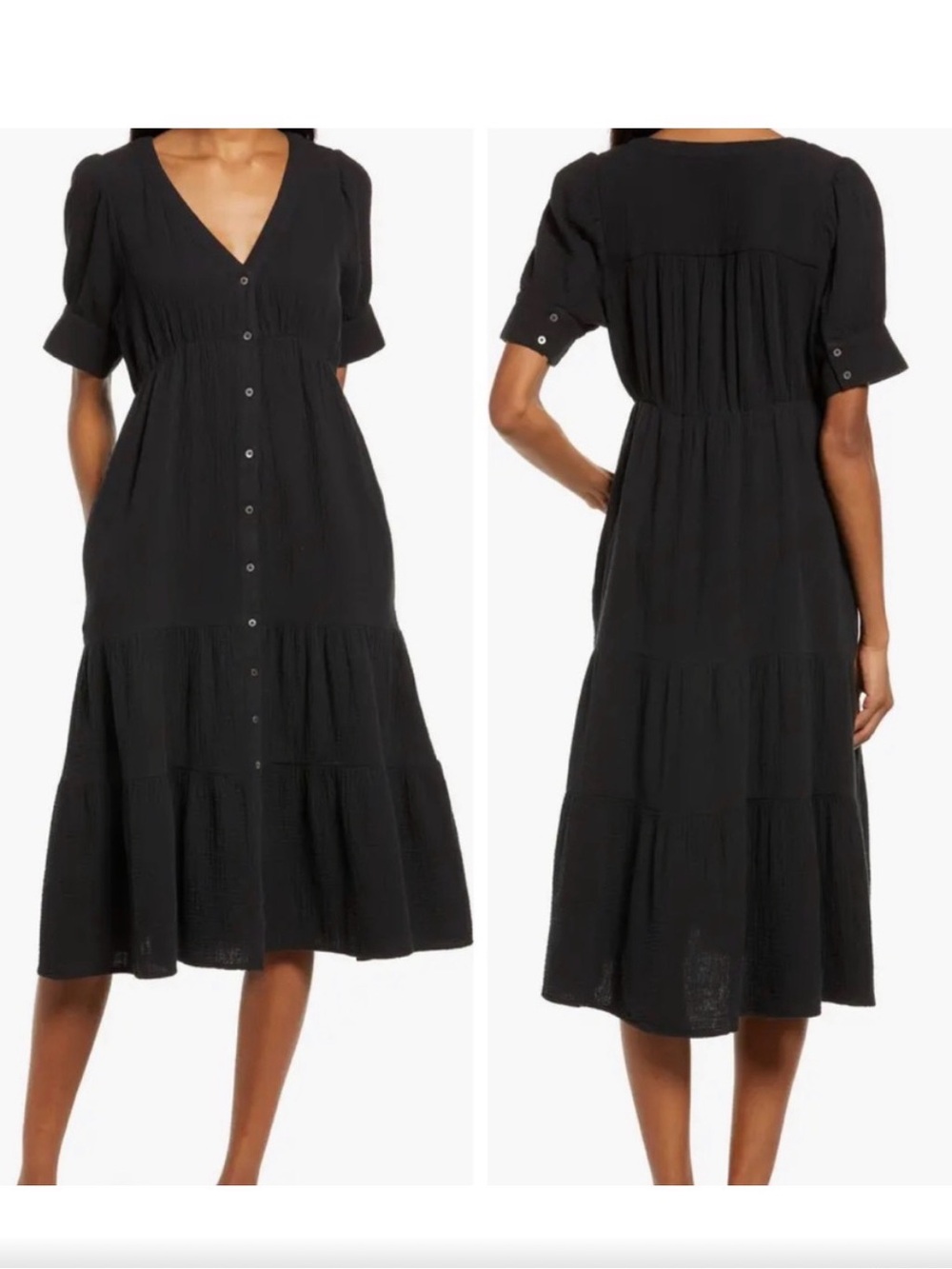 Madewell Black Button-Front Tiered Midi Dress